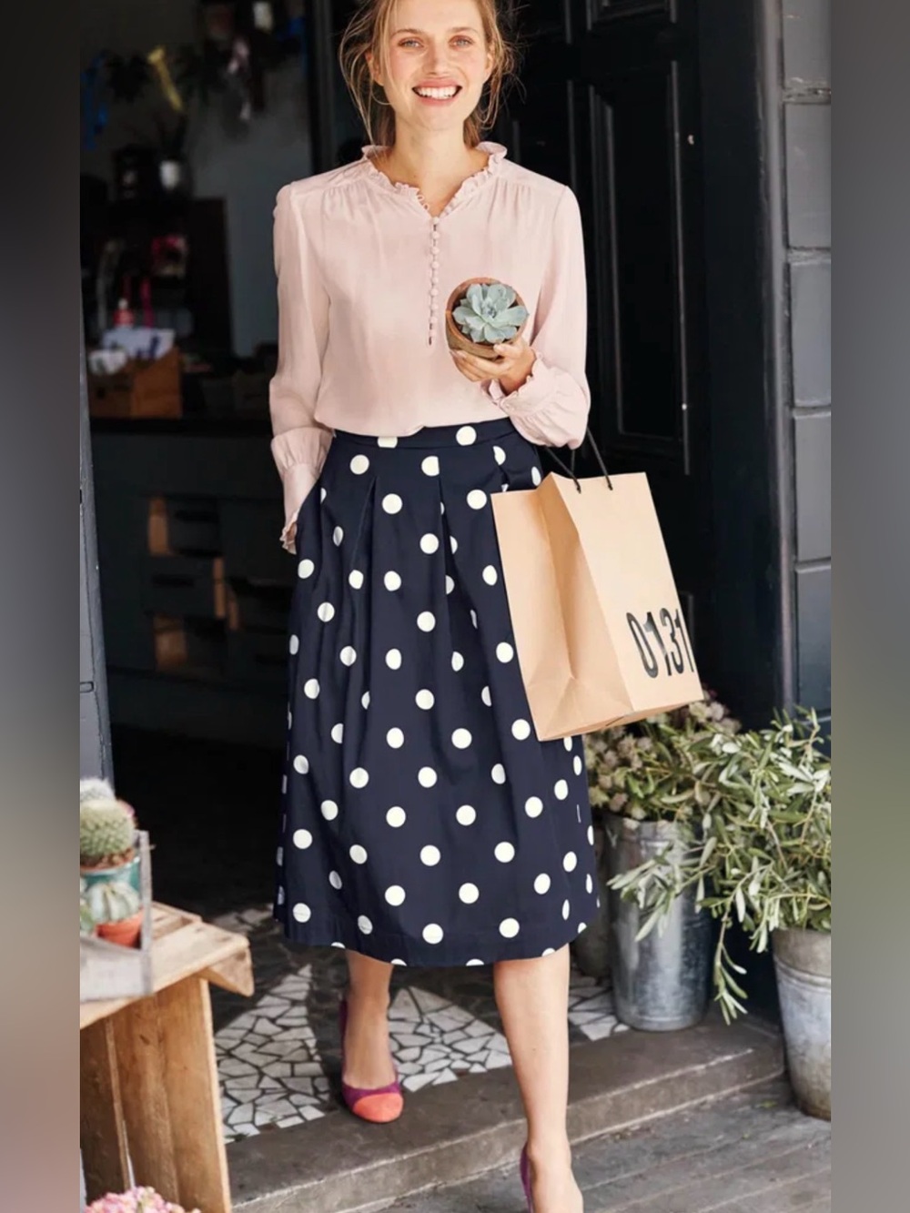 Boden Navy and White Polka Dot Midi Skirt (mix39)